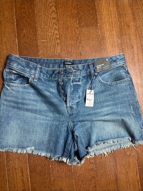 Express Distressed High-Rise Button-Fly Denim Shorts in Blue